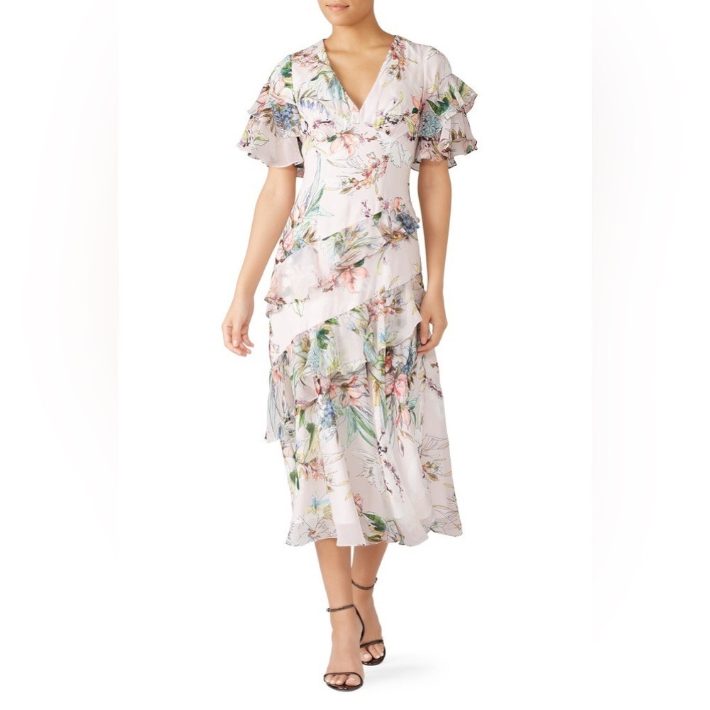 Theia Blush‎ Multi Floral Ruffle Dress Midi Size 4 Wedding Guest Romantic Fairy